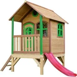 AXI Tom Maison Enfant Avec Toboggan Rouge | Aire De Jeux Pour L'extérieur En Marron & Vert | Maisonnette / Cabane De Jeu En Bois FSC - Marron