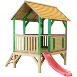 AXI Akela Maison Enfant Avec Toboggan Rouge | Aire De Jeux Pour L'extérieur En Marron & Vert | Maisonnette / Cabane De Jeu En Bois FSC - Marron