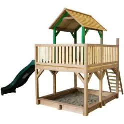 AXI Atka Maison Enfant Avec Bac à Sable & Toboggan Vert | Aire De Jeux Pour L'extérieur En Marron & Vert | Maisonnette / Cabane De Jeu En Bois FSC - Marron
