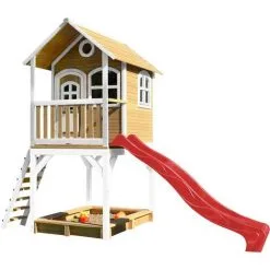 AXI Sarah Maison Enfant Avec Bac à Sable & Toboggan Rouge | Aire De Jeux Pour L'extérieur En Marron & Blanc | Maisonnette / Cabane De Jeu En Bois FSC - Marron