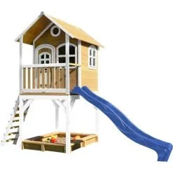 AXI Sarah Maison Enfant Avec Bac à Sable & Toboggan Bleu | Aire De Jeux Pour L'extérieur En Marron & Blanc| Maisonnette / Cabane De Jeu En Bois FSC - Marron