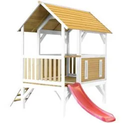 AXI Akela Maison Enfant Avec Toboggan Rouge | Aire De Jeux Pour L'extérieur En Marron & Blanc | Maisonnette / Cabane De Jeu En Bois FSC - Marron