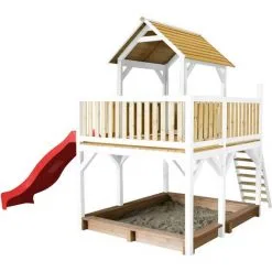 AXI Atka Maison Enfant Avec Bac à Sable & Toboggan Rouge | Aire De Jeux Pour L'extérieur En Marron & Blanc | Maisonnette / Cabane De Jeu En Bois FSC - Marron