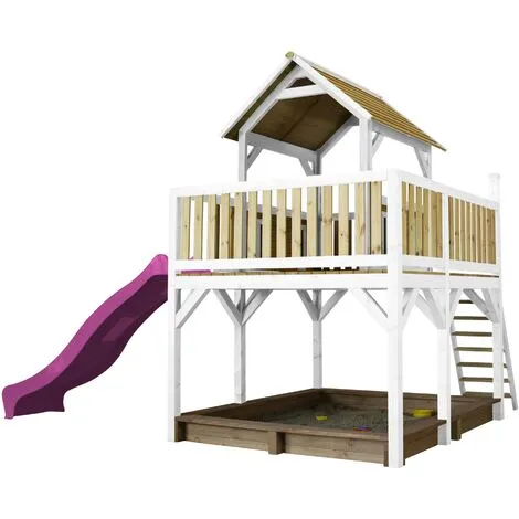 AXI Atka Maison Enfant Avec Bac à Sable & Toboggan Violet | Aire De Jeux Pour L'extérieur En Marron & Blanc | Maisonnette / Cabane De Jeu En Bois FSC - Marron 2 AXI Atka Maison Enfant Avec Bac à Sable & Toboggan Violet | Aire De Jeux Pour L'extérieur En Marron & Blanc | Maisonnette / Cabane De Jeu En Bois FSC - Marron – Image 2