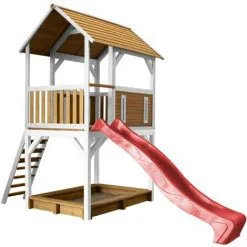 AXI Pumba Maison Enfant Avec Bac à Sable & Toboggan Rouge | Aire De Jeux Pour L'extérieur En Marron & Blanc | Maisonnette / Cabane De Jeu En Bois FSC - Marron