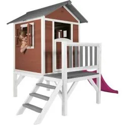 AXI Maison Enfant Beach Lodge XL En Rouge Avec Toboggan En Violet | Maison De Jeux En Bois FFC Pour Les Enfants | Maisonnette / Cabane De Jeu Pour Le Jardin - Rouge -Axi Soldes Boutique 30353894 5