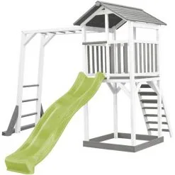 AXI Beach Tower Aire De Jeux Avec Toboggan En Vert Clair, Cadre D'escalade & Bac à Sable | Grande Maison Enfant Extérieur En Gris & Blanc | Cabane De Jeu En Bois FSC - Gris