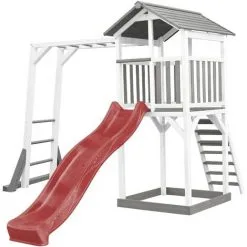 AXI Beach Tower Aire De Jeux Avec Toboggan En Rouge, Cadre D'escalade & Bac à Sable | Grande Maison Enfant Extérieur En Gris & Blanc | Cabane De Jeu En Bois FSC - Gris