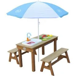 AXI Dennis Table Sable Et Eau En Bois Marron | Table D'eau Avec Couvercle, Boîtes De Rangement, Parasol & Jeu évier De Cuisine | Table De Jeu Enfant à Eau Pour Le Jardin - Marron