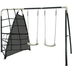 AXI Set De Balançoire En Métal En Anthracite & Crème | Balançoire 2 Agrès / Places & Filet à Grimper | Portique Avec Balançoire De Jardin / Extérieur Pour Enfants